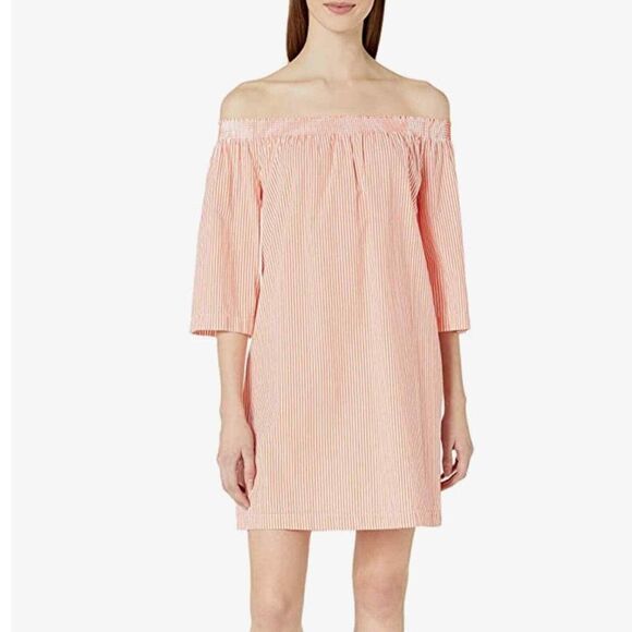TRINA TURK $378 Neville‎ Smocked Off the Shoulder Dress Orange Stripe Small - Picture 1 of 5